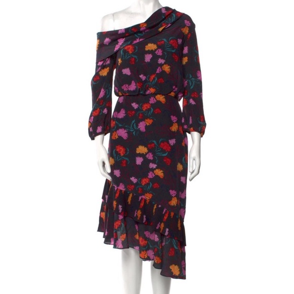 SALONI Black Azelea Floral Print LEXIE Asymmetric Off Shoulder Silk Midi Dress - Picture 1 of 5